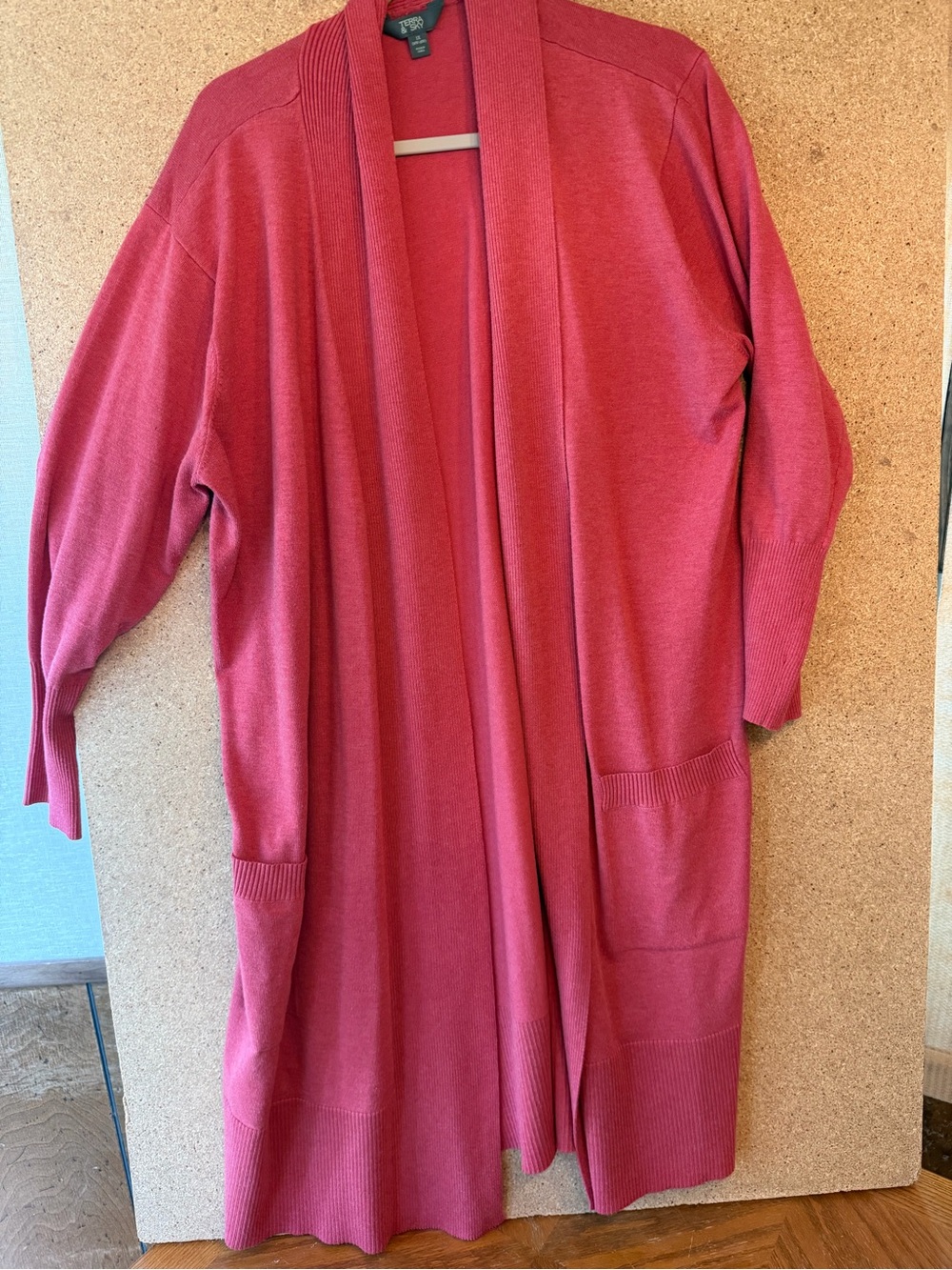Terra & Sky Long Open-Front Cardigan in Coral Pink Size XL - Picture 5 of 7